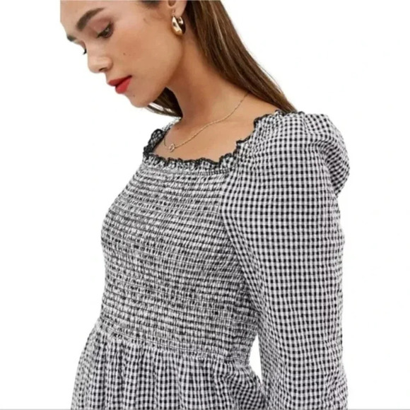 Mango Square Neck Puff Sleeve Smocked Bodice Black White Gingham Mini Dress Sz L - Picture 2 of 7